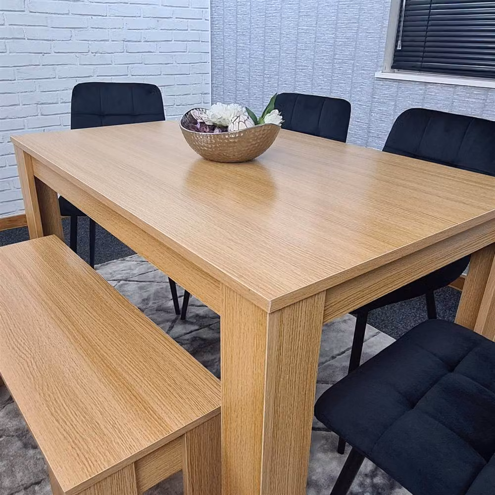 KOSY KOALA 6 Seater Modern Dining Table Set with 4 Black Velvet Chairs and Bench in Brown and Black – 6