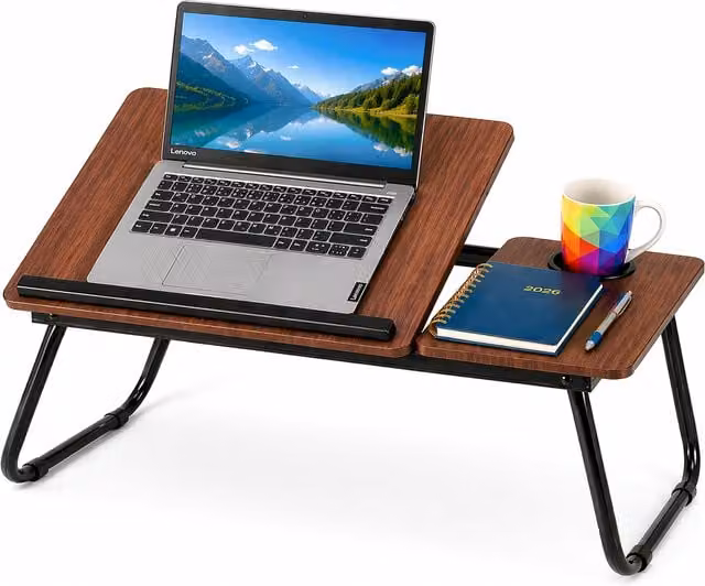Innoteck Foldable Laptop Desk with Adjustable Tilt and Cup Holder in Walnut