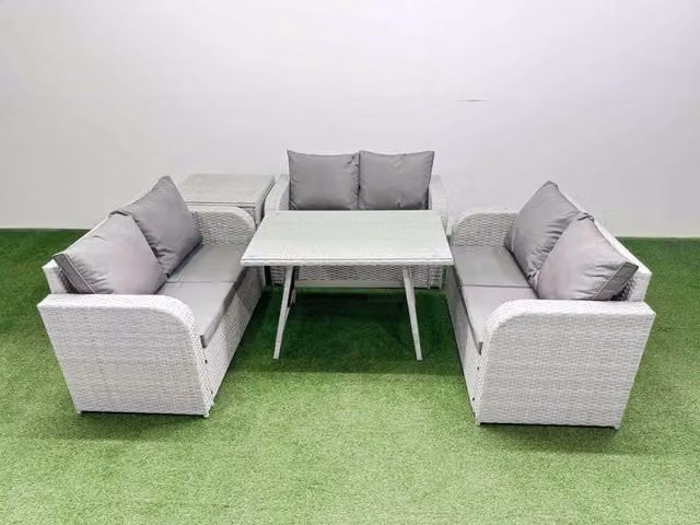 Fimous 6-Seater Patio Rectangular Table, Love Sofa Set and Side Table in Light Grey
