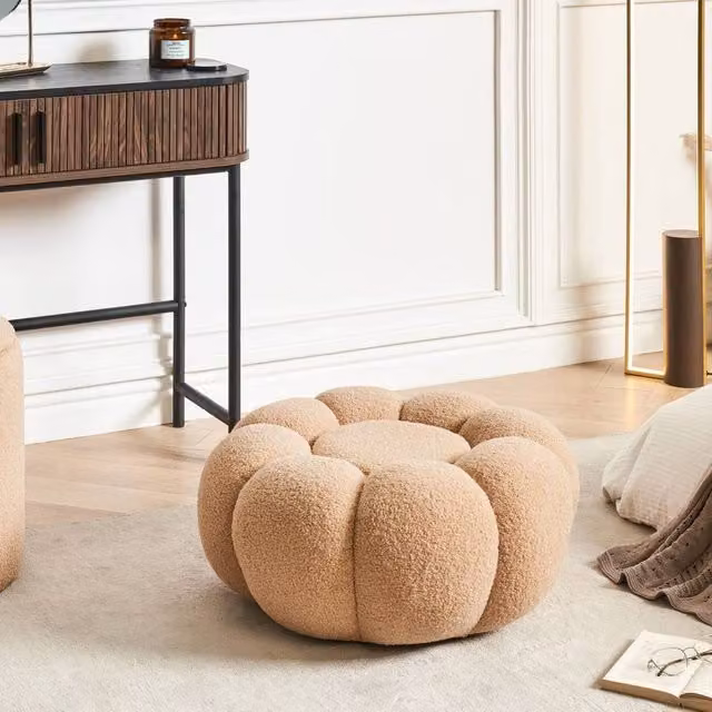 Wyld and Coco Bouclé Cylindrical Pouffe, Brown, Diameter: 60 cm, Height: 27 cm – 1