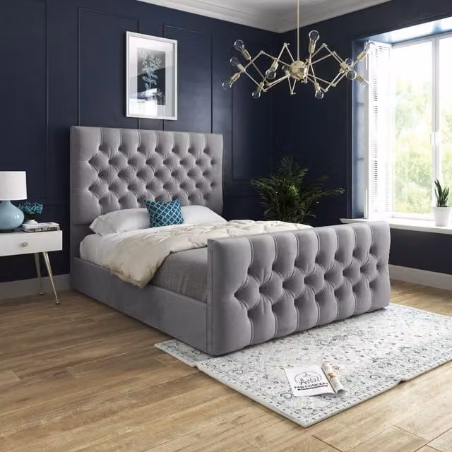KDMD Chesterfield Upholstered Velvet Bed Frame in Grey, W/D/H: 140 x 200 cm