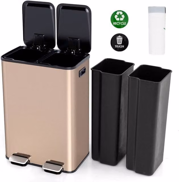 Havendro Gold 60L Dual Compartment Pedal Bin with Two 30L Sections in Rose Gold Stainless Steel