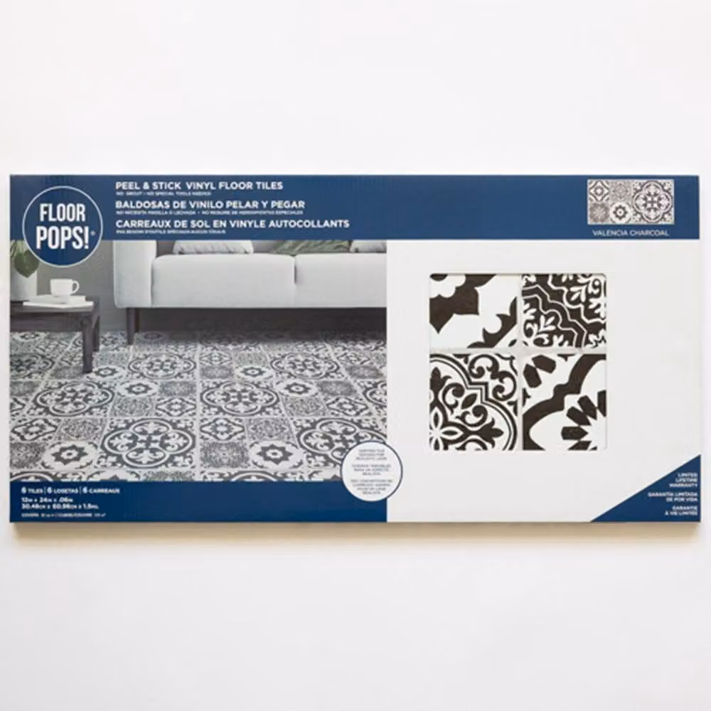 FloorPops Valencia Charcoal Self Adhesive Vinyl Floor Tiles, Black, Pack of 6 (1.12sqm), W: 30.5 cm x D: 60.96 cm – 2
