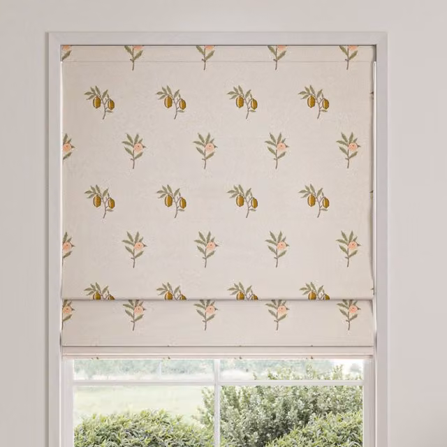 William Morris Fruit Embroidery Made To Measure Blackout Roman Blind in Sage Green and Beige