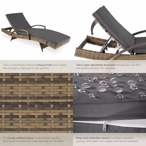 tectake Rattan Sun Lounger with 5-Position Adjustable Backrest and Soft Cushion in Nature – 7