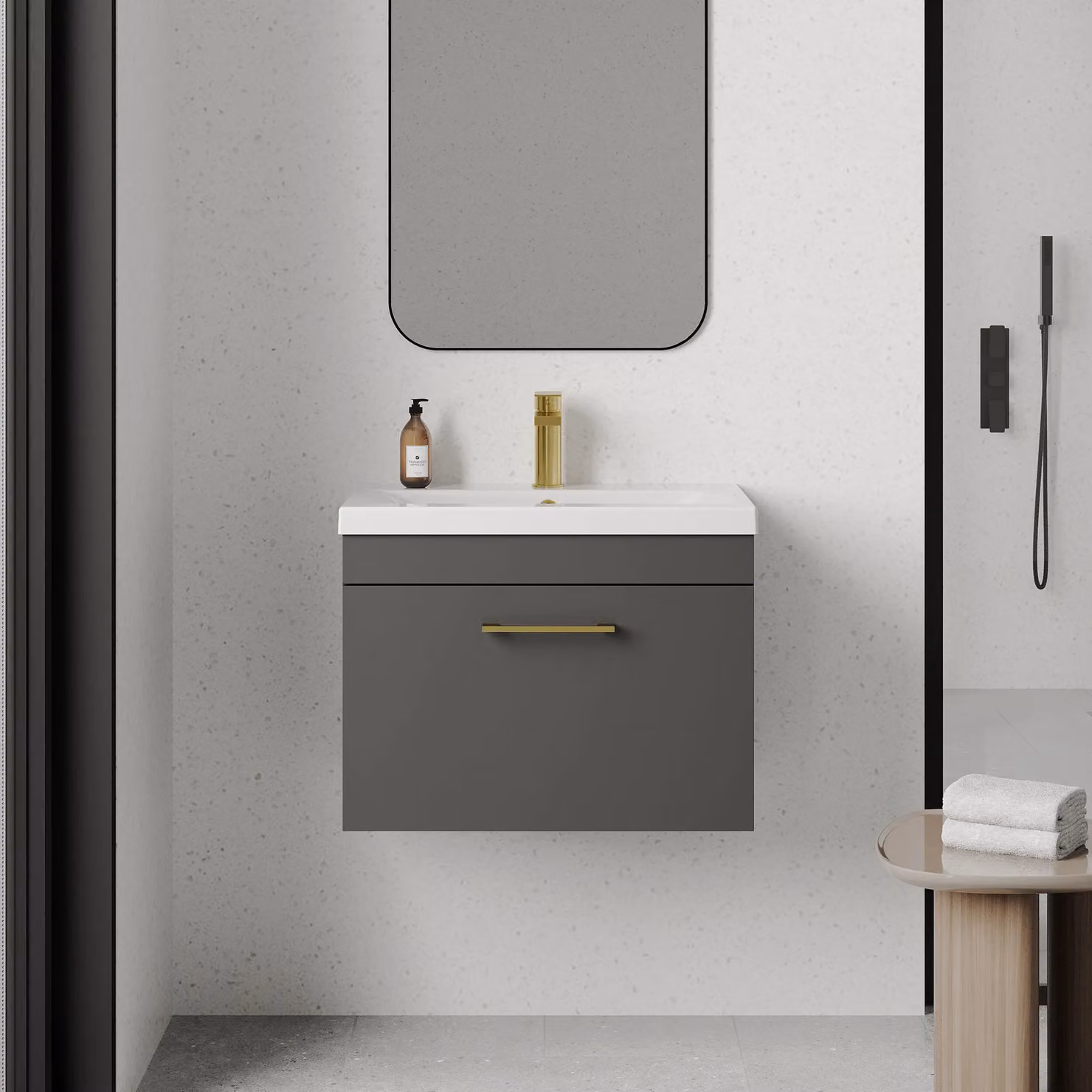Balterley Modern Glossy 1 Drawer Wall Hung Bathroom Vanity Basin Unit in Grey, Width: 60 cm – 2