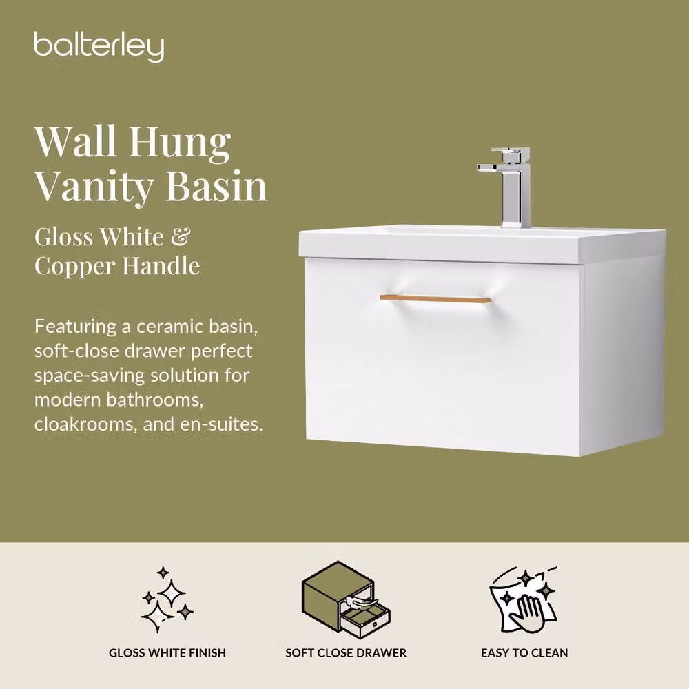 Balterley Gloss White Wall Hung 1 Drawer Vanity Basin Unit with Copper Handle, Width: 60 cm – 2