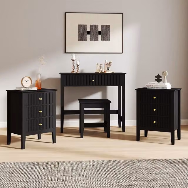 Melody Maison Hales Black Dressing Table, Stool and Pair of 3 Drawer Bedside Tables in Black and Gold