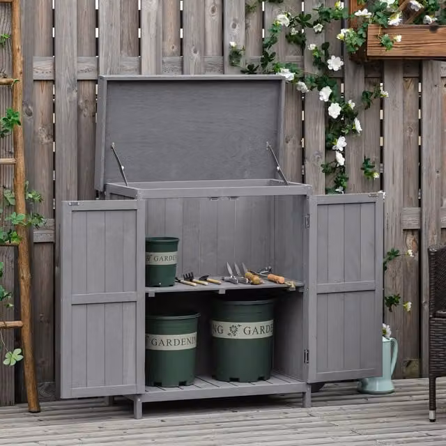 Outsunny Wooden Double Door Garden Storage Shed with Shelving in Grey – 1