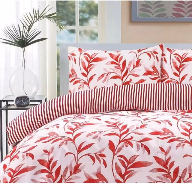 HomeSpace Direct Reversible Floral Watercolour Leaves Duvet Cover Set, Red and White, W: 90 cm x H: 200 cm
