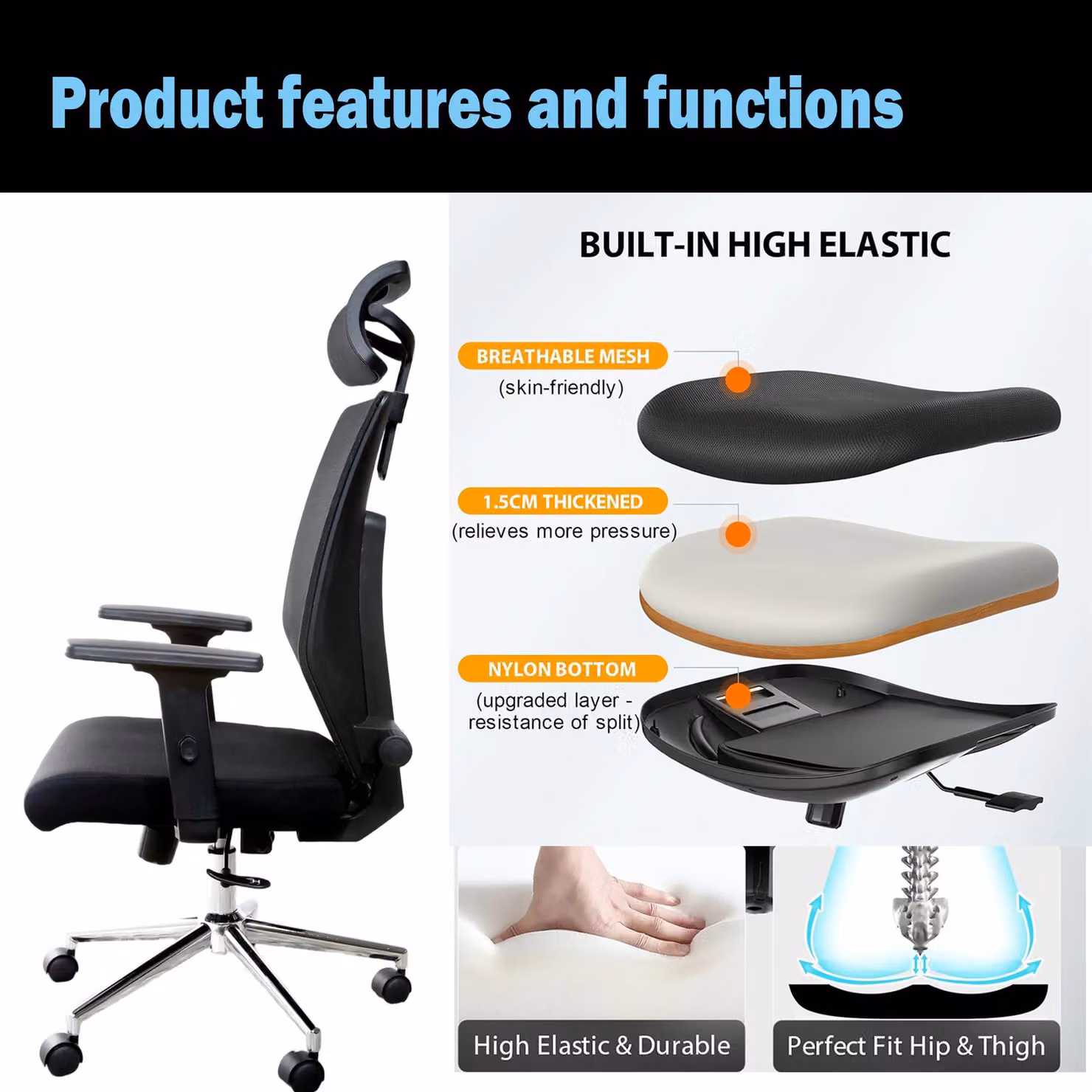 JFY Executive Padded Swivel Office Chair with Headrest and Armrests in Black Fabric – 5