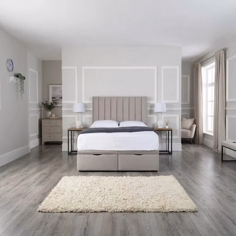 BEDS NK LTD Beige Fabric Upholstered Panel Divan Bed with Drawers