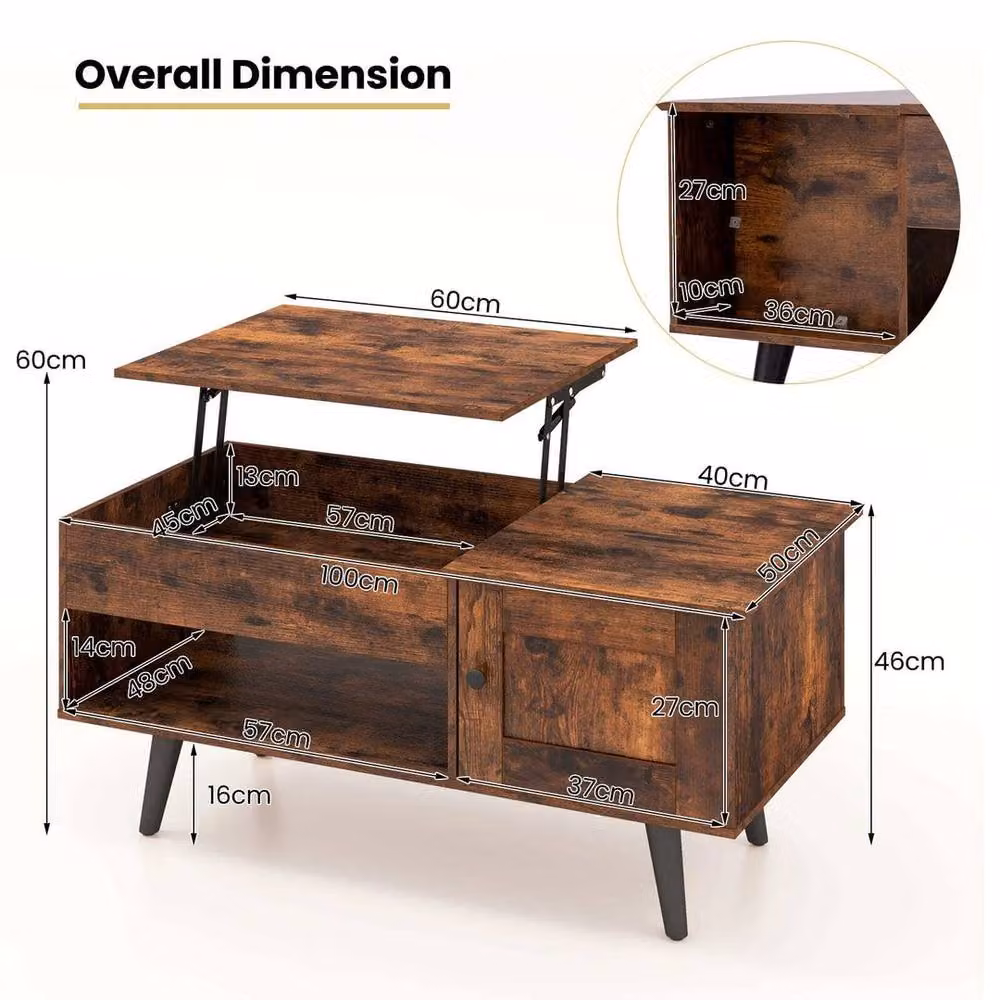 EONLION Brown Rectangular Wood Coffee Table with Lift Mechanism for your Living Room, Width: 100 cm – 2