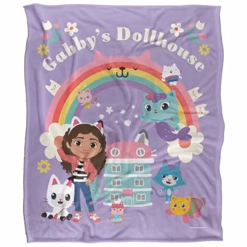 NBCU Gabby's Dollhouse Rainbow Cats Group Super Soft Microfibre Throw Blanket, Multicolour, W: 152 cm, D: 127 cm