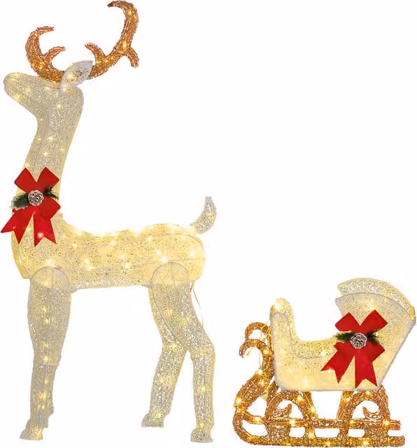 Outsunny White Metal 170 LED Light Reindeer and Sleigh Christmas Decoration