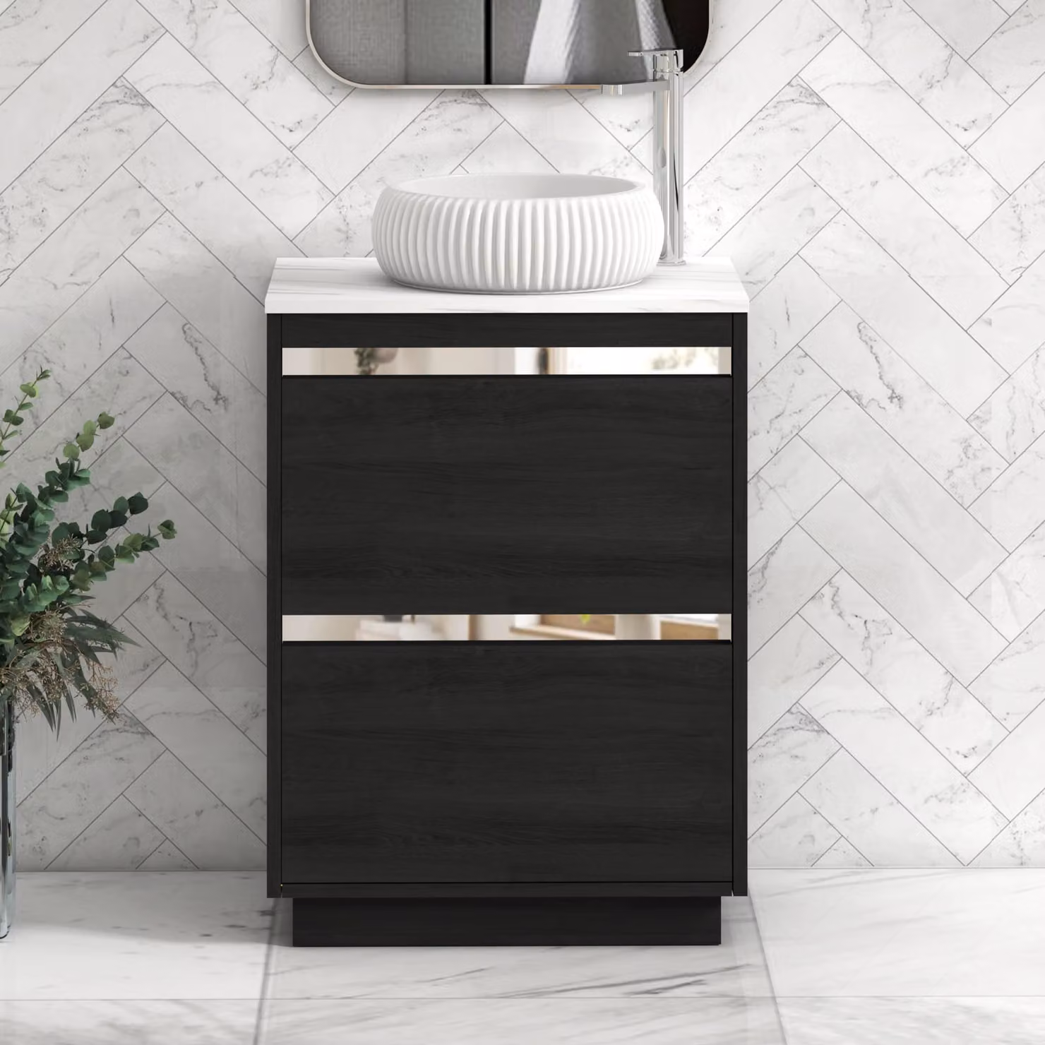 Royal Bathrooms Orion 800mm Hale Black Floor Standing Vanity Unit with Milan Basin and Carrara White Countertop, 2 Drawers and Chrome Accent Trim