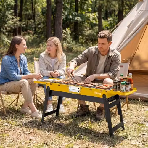 Outsunny Portable Foldable Charcoal BBQ Grill, Yellow Tabletop Stainless Steel Model – 8