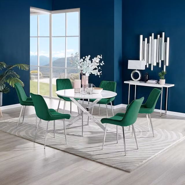 FurnitureboxUK Novara White High Gloss Round Dining Table with 6 Pesaro Silver and Green Chairs