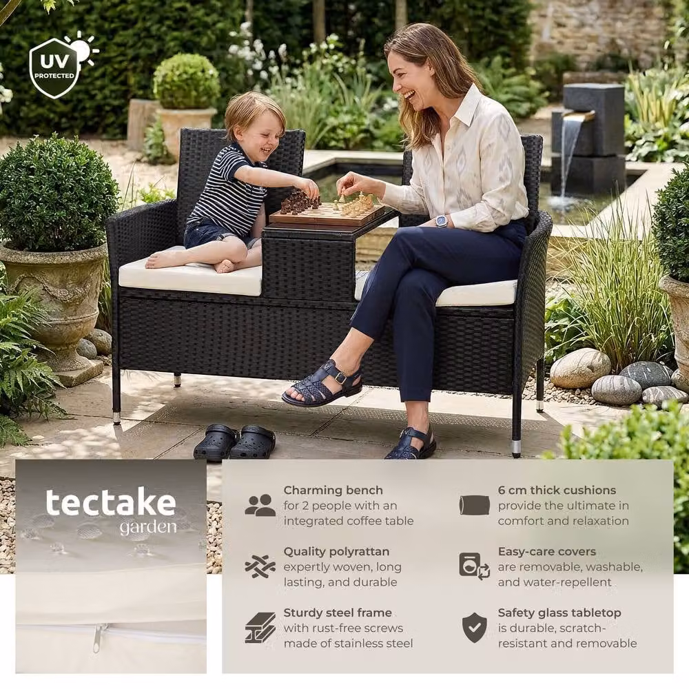 tectake Outdoor Bench with Integrated Table and Cushions in Black and Beige, W/D/H: 133 x 63 x 84 cm – 9