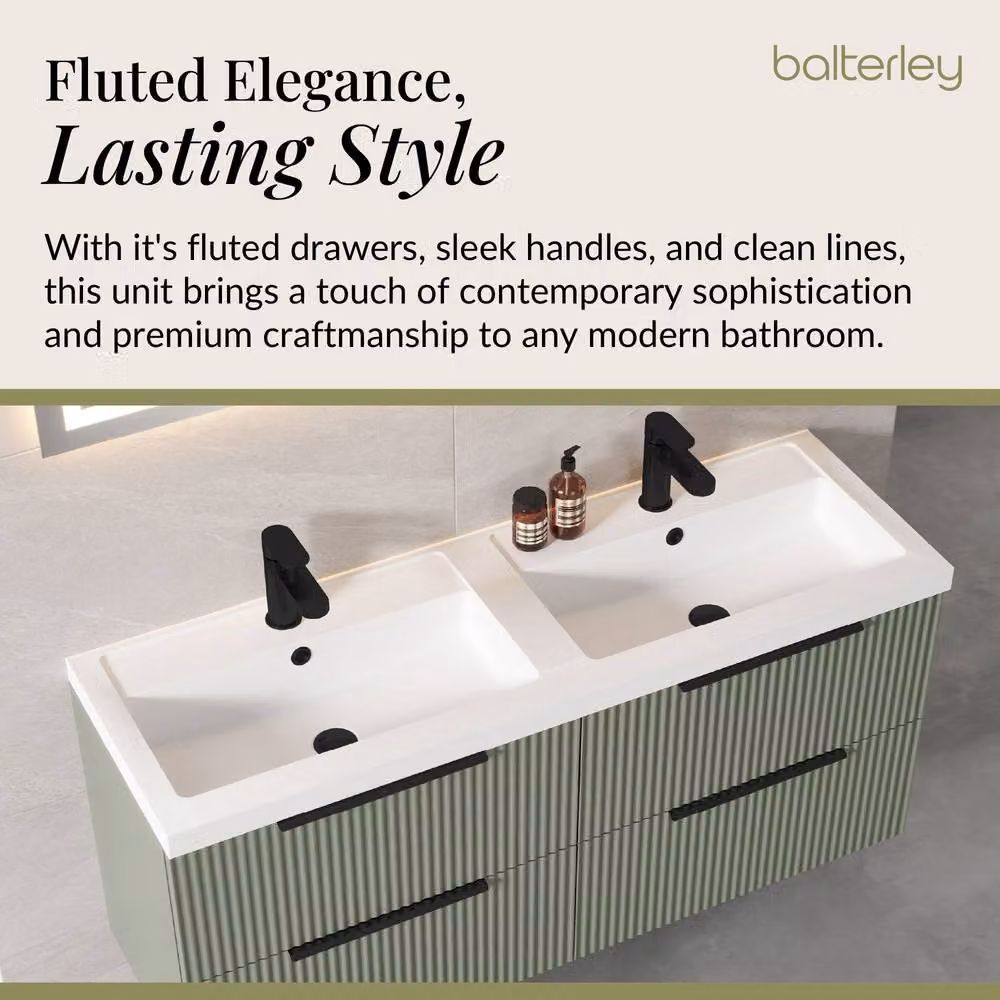 Balterley Fluted Front Wall Hung 4 Drawer Vanity Basin Unit, Satin Green, W: 120 cm – 2