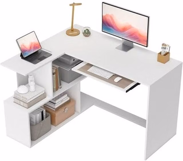 NESTLUNE L-Shaped Corner Desk with Keyboard Tray and Open Shelves in White, W: 100 cm, D: 60 cm