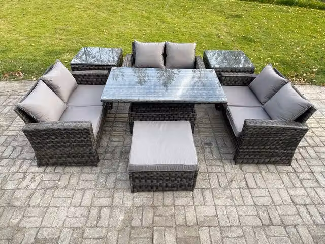 Fimous 7 Piece Outdoor Lounge Sofa Set with Rising Lifting Table in Dark Grey PE Rattan