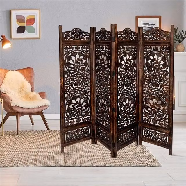 Topfurnishing 4 Panel Lotus Carved Wooden Room Divider Screen in Brown and White