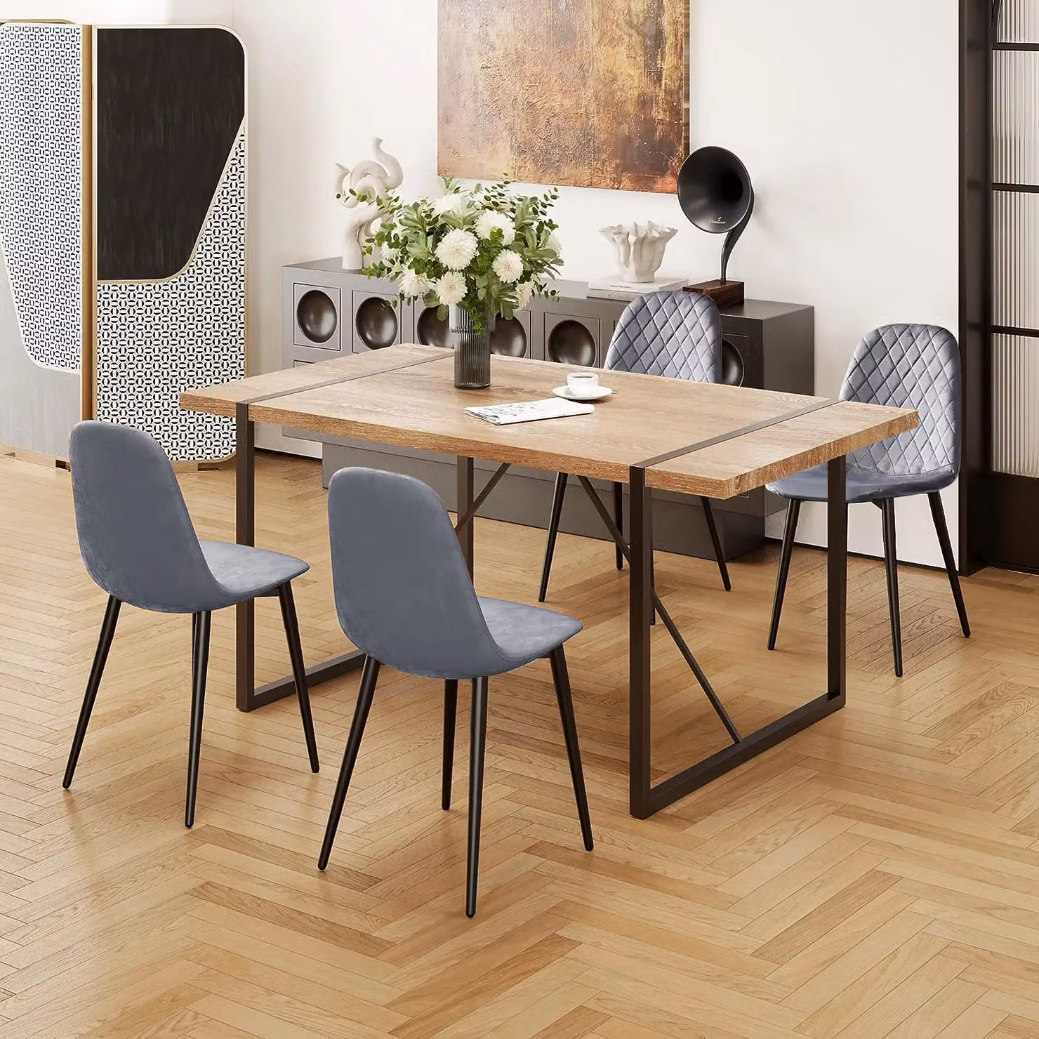 Alivio Pack of 4 Grey Velvet Dining Chairs with Fabric Upholstered Seats and Metal Legs – 5