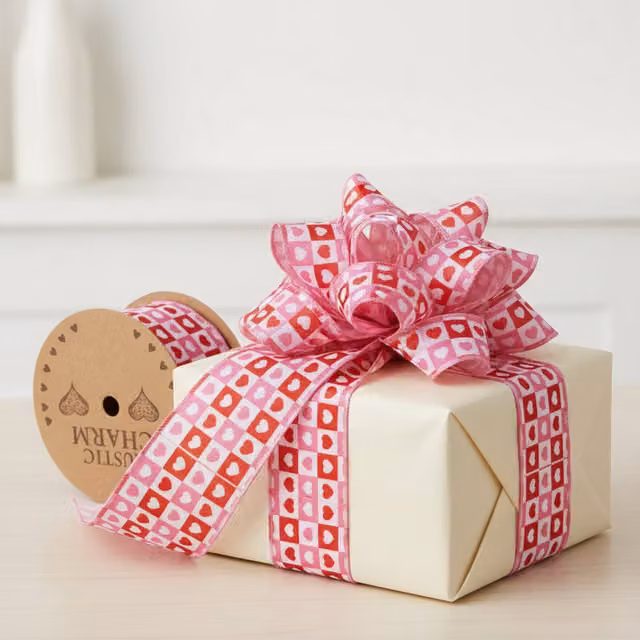 Kingsbury Gifts Pink Check Heart Wire Edged Decal Ribbon