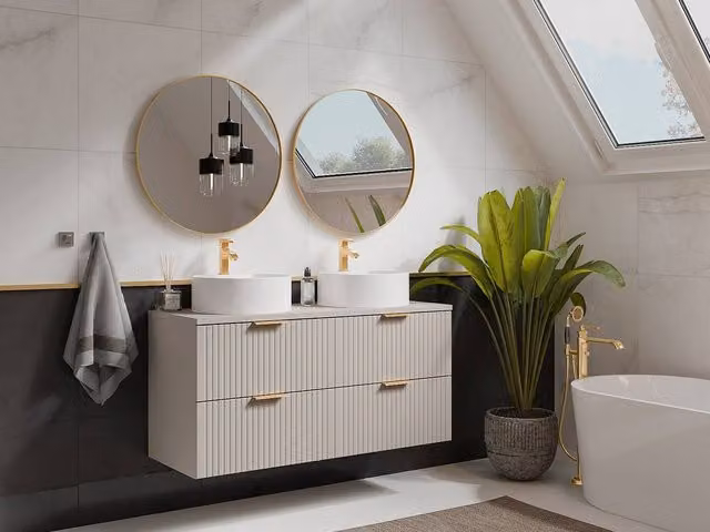 Vente-unique Suspended Ribbed Bathroom Vanity Unit with Double Round Countertop in Beige, W/D/H: 120 x 46 x 57 cm – 1