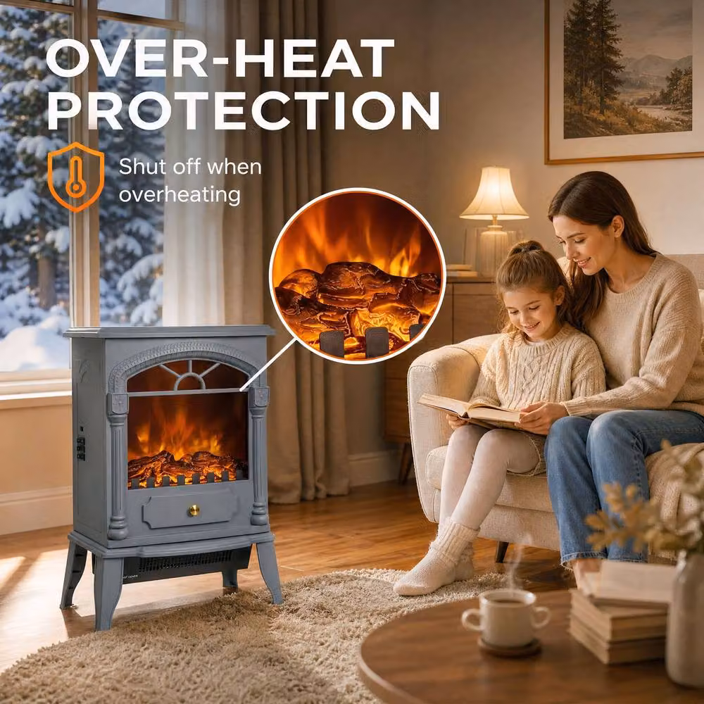 HOMCOM Freestanding Portable Fireplace with Adjustable Thermostat, Grey, W/D/H: 56.5 x 39.0 x 42.1 cm – 6