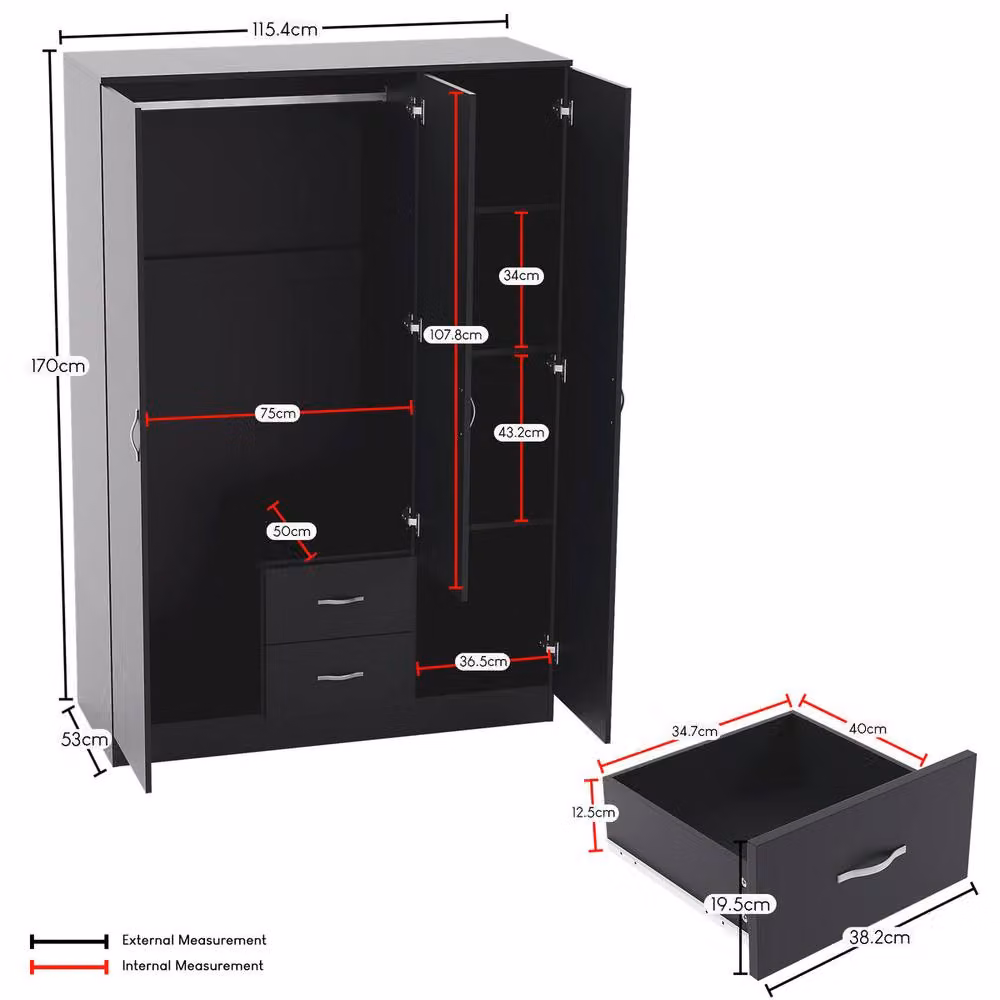HD Designs Riano Modern Black Mirrored Wardrobe with 3 Doors and 2 Drawers H 170 cm x W 115.4 cm – 3