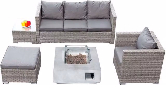 Oseasons Acorn Rattan 5 Seat Lounge Sofa Set with GRC Firepit in Dove Grey