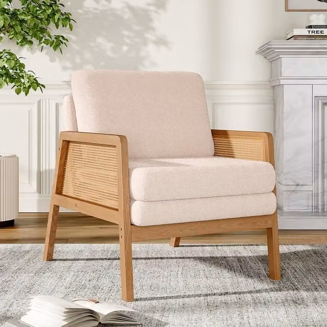 Livingandhome Pink Bouclé Armchair with Wood and Rattan Frame