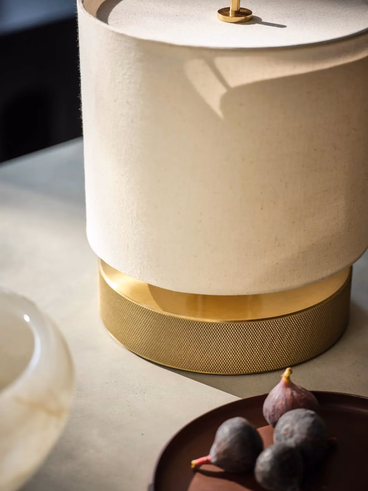 Industville Knurled Round Table Lamp in Brass with Gold Fabric Drum Shade – 3