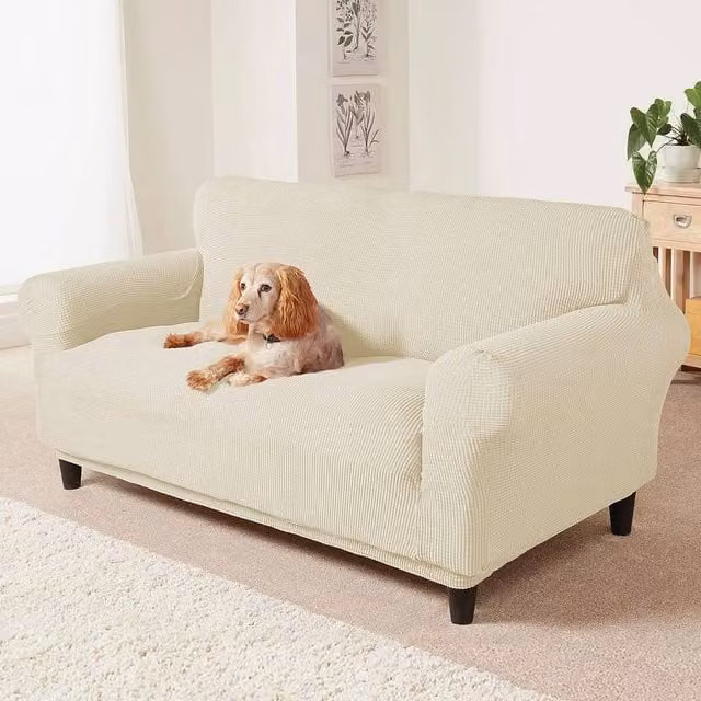 Coopers of Stortford Beige 2-Seater Stretch Sofa Cover, Stain-Resistant and Washable Polyester Slipcover