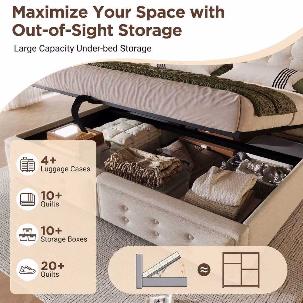 Rolipo Beige Linen Double Ottoman Storage Bed with LED Lighting and USB Charging Port, W/D/H: 140 x 200 x 135 cm – 4