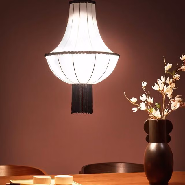 Wyld and Coco Heritage Vintage Pendant Lamp with White Shade, Black Trim and Tassels