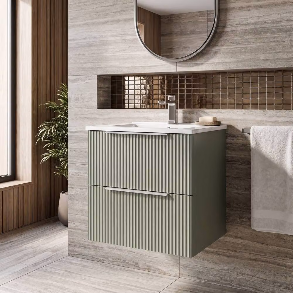 Balterley Tixall Fluted 2 Drawer Wall Hung Vanity Basin Unit in Satin Green, W: 50 cm – 2