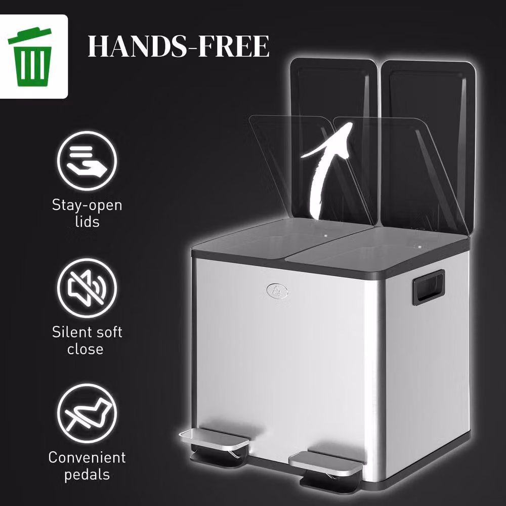 HOMCOM Dual Kitchen Pedal Bin with Soft Close Lids and Odour Filter, Stainless Steel, Silver Tone, W/D/H: 43.2 x 30.0 x 36.6 cm – 3