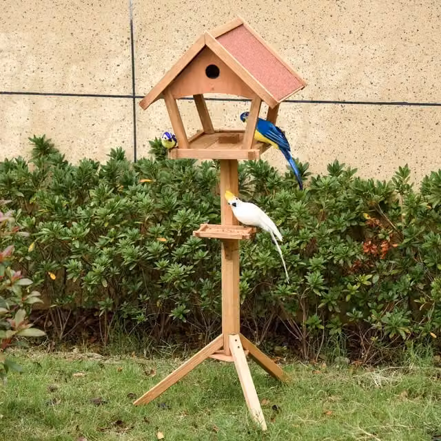 PawHut Rustic Wooden Bird Table Freestanding Feeding Station in Brown