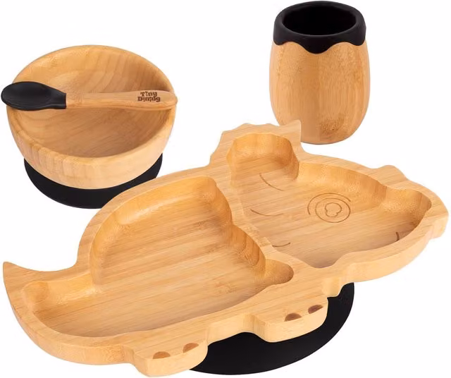Tiny Dining Dinosaur Bamboo and Silicone 4pc Baby Feeding Set in Black and Brown