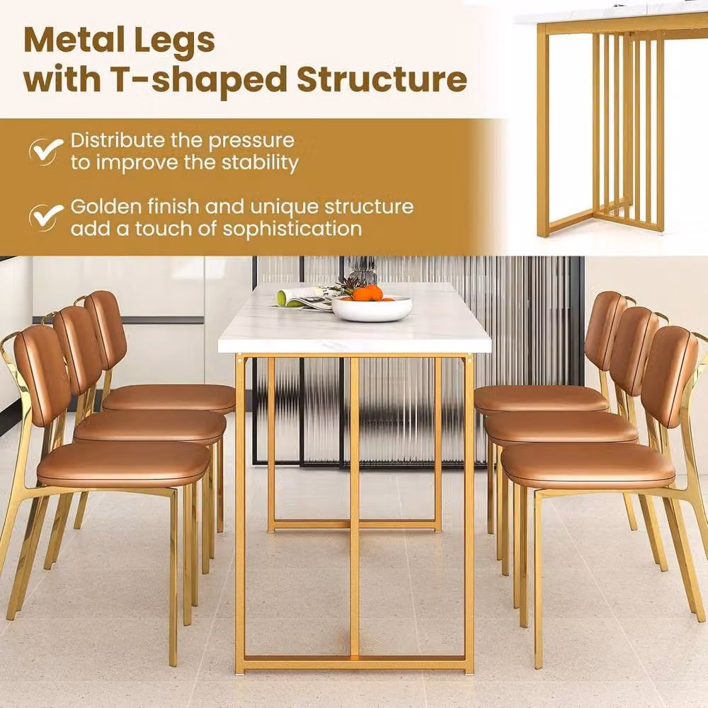 Gymax Modern Rectangular Dining Table with White Faux Marble Top and Gold Metal Legs, Seats 6-8 People – 2