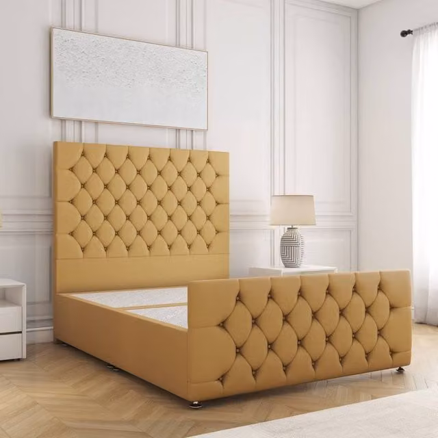 BSSPOKE Maya Divan Bed Set with 54 inch Headboard in Yellow Plush Velvet, W/D/H: 137.16 x 90 x 190 cm