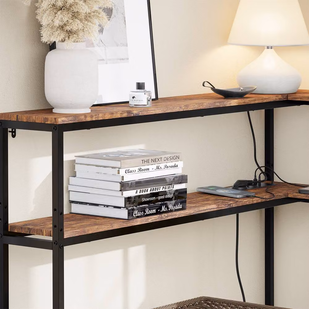 SoBuy L-Shaped Industrial Console Table with Integrated Power Socket in Brown and Black – 3