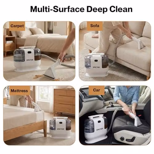 Spector Portable Carpet and Upholstery Cleaner Machine in White and Grey, 500W with 17Kpa Suction for Sofa, Carpet, Car Seats and Pet Hair Removal – 10