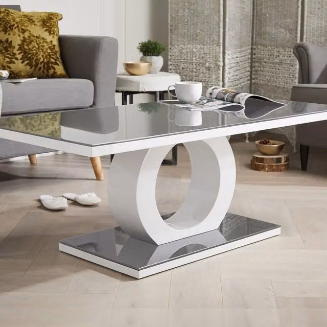 FurnitureboxUK Giovani Rectangular White High Gloss Coffee Table with Glass Top and Grey Halo Structural Plinth Base