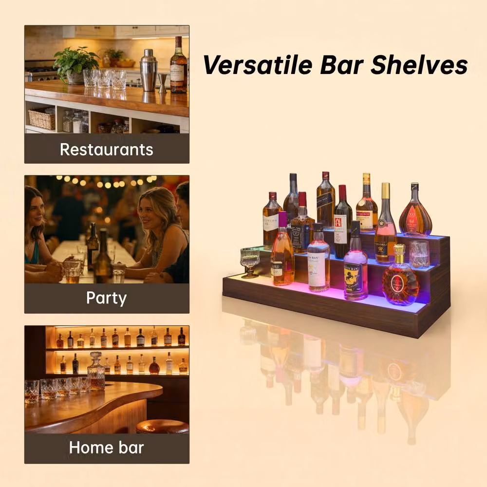 Matteo 3-Tier LED Lighted Bar Bottle Display Shelf with App and Remote Control, Brown Wood – 4