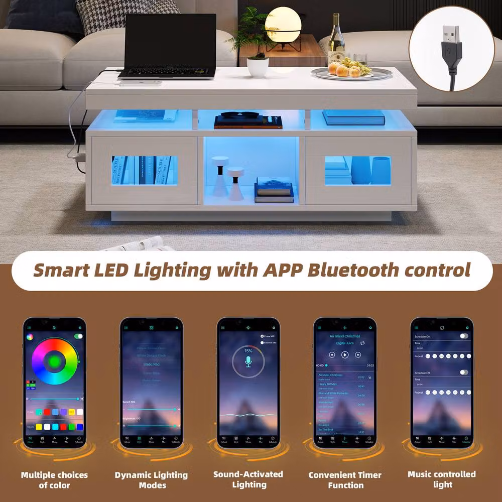 Matteo High Gloss White Rectangular Coffee Table with LED Lights, USB and Storage, W/D/H: 100 x 50 x 43 cm – 4