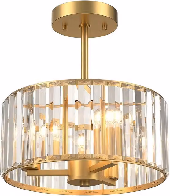 NESTLUNE Modern Crystal Semi Flush Mount Ceiling Light in Gold/Brass – 1
